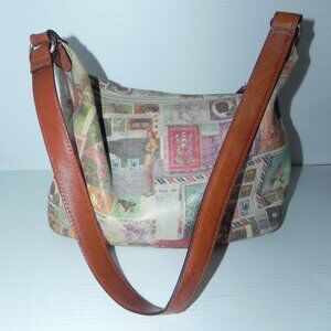 VTG Fossil Small 1954 Postage Stamp Design Coated Canvas Shoulder Bag.
